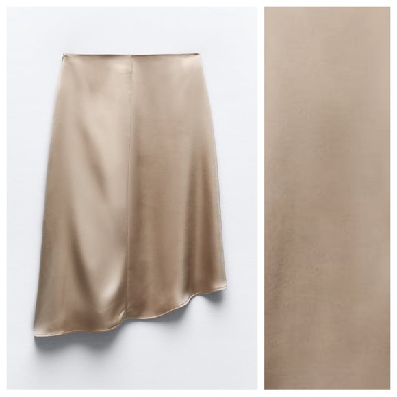 NWT. Zara Beige-Pink Satin A-Line Silhouette High Waist Midi Skirt Size M. - Picture 9 of 12